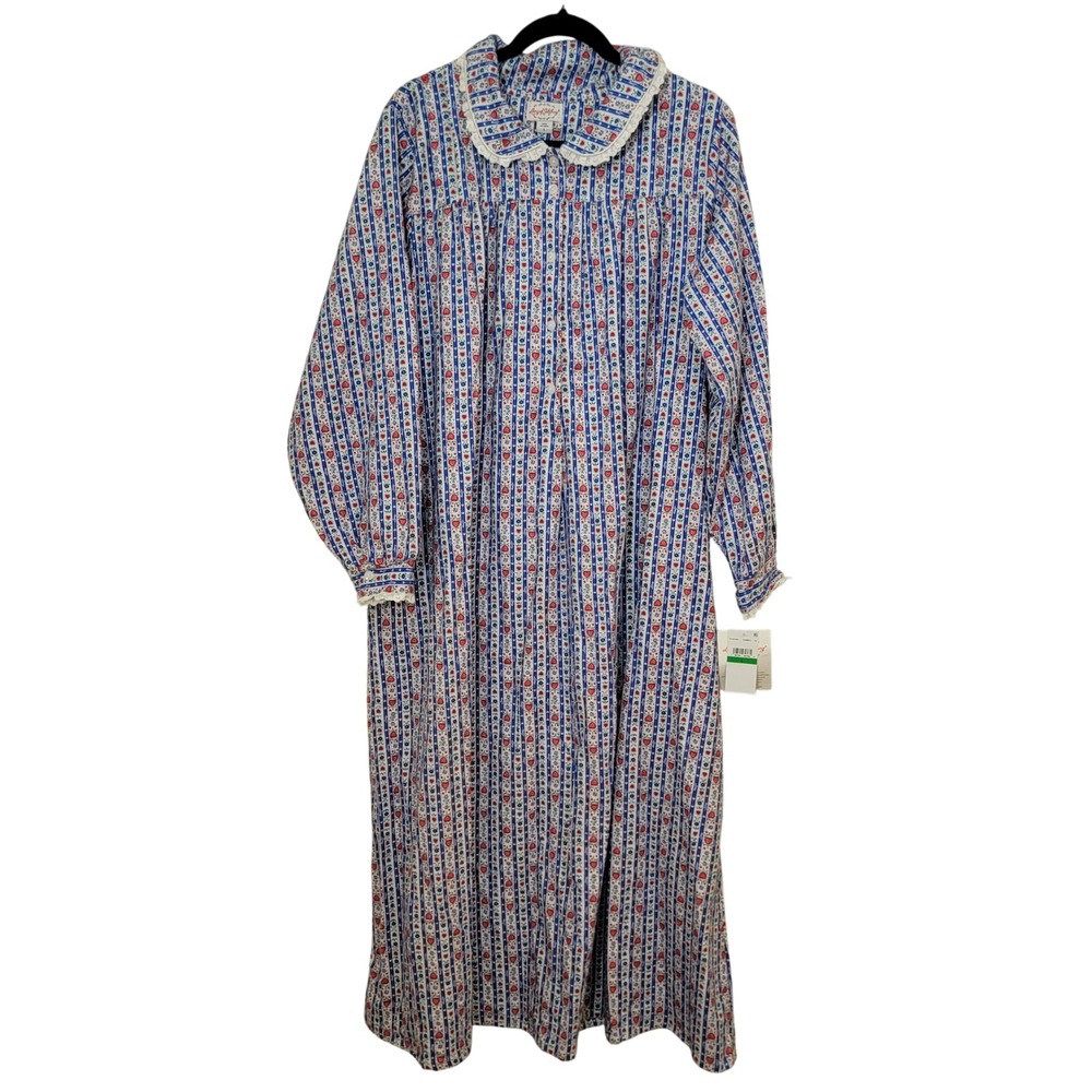Lanz of Salzburg NWT Blue Tyrolean Hearts Peter Pan Collar Flannel Nightgown L